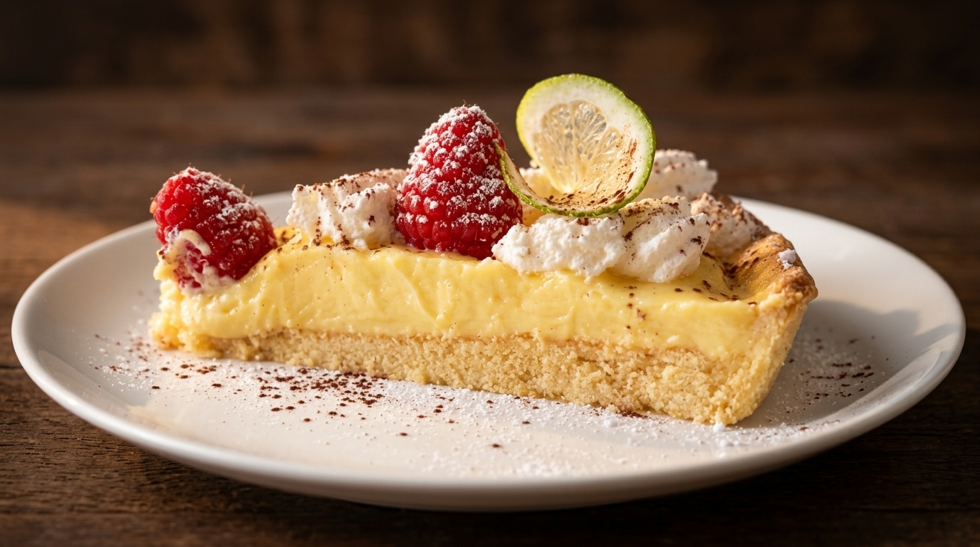 Stück Tarte mit Himbeeren, Limette und Sahne, bestäubt mit Kakao