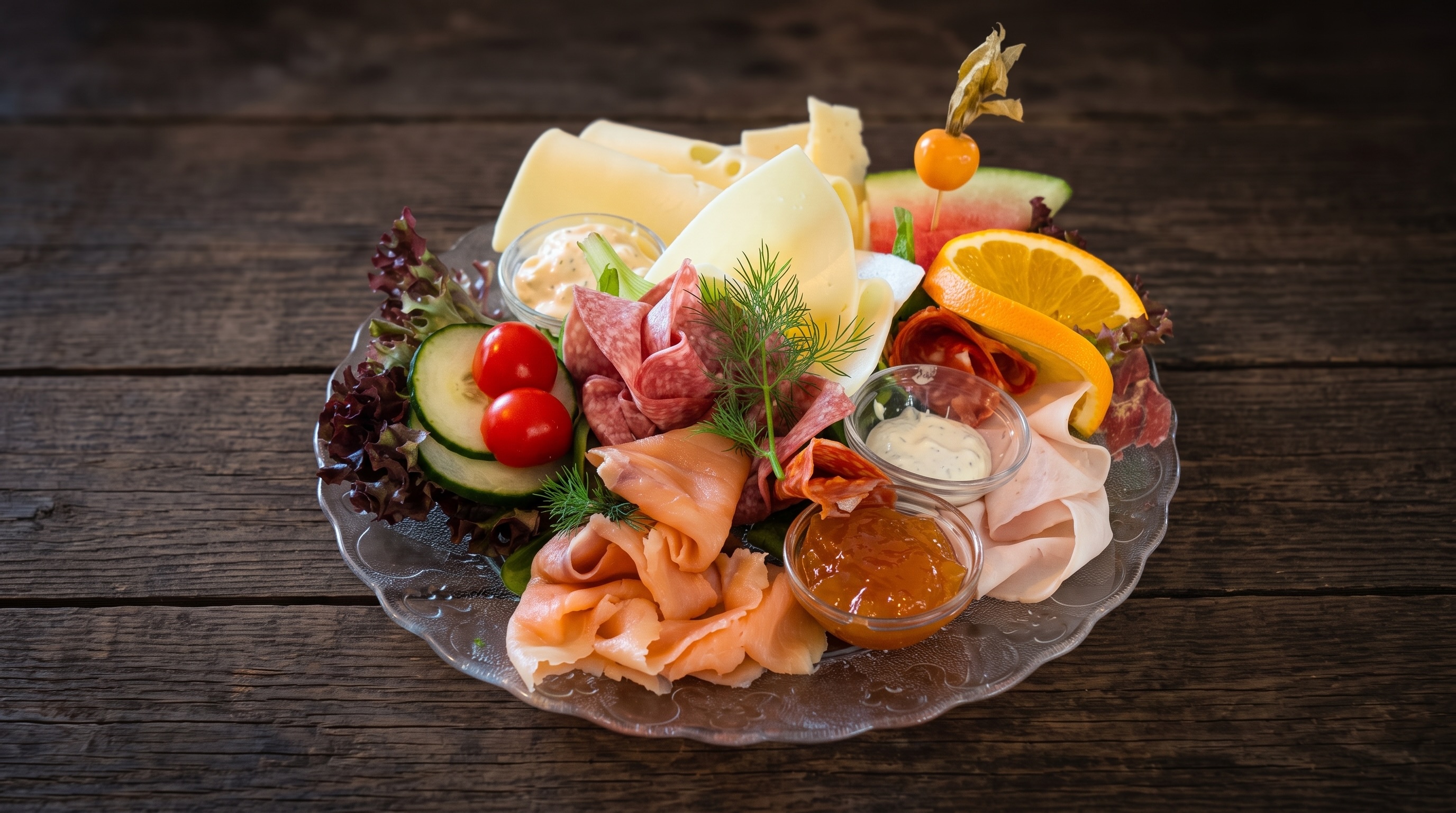 Frühstücksplatte mit Käse, Aufschnitt, Tomaten, Orange und Dips auf einer Glasplatte