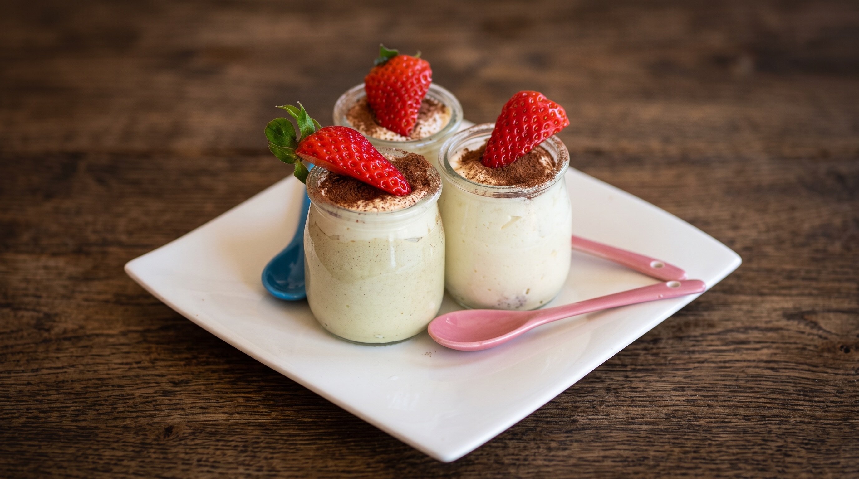 Drei Gläser Dessert mit Erdbeeren und Kakao auf einem weißen Teller