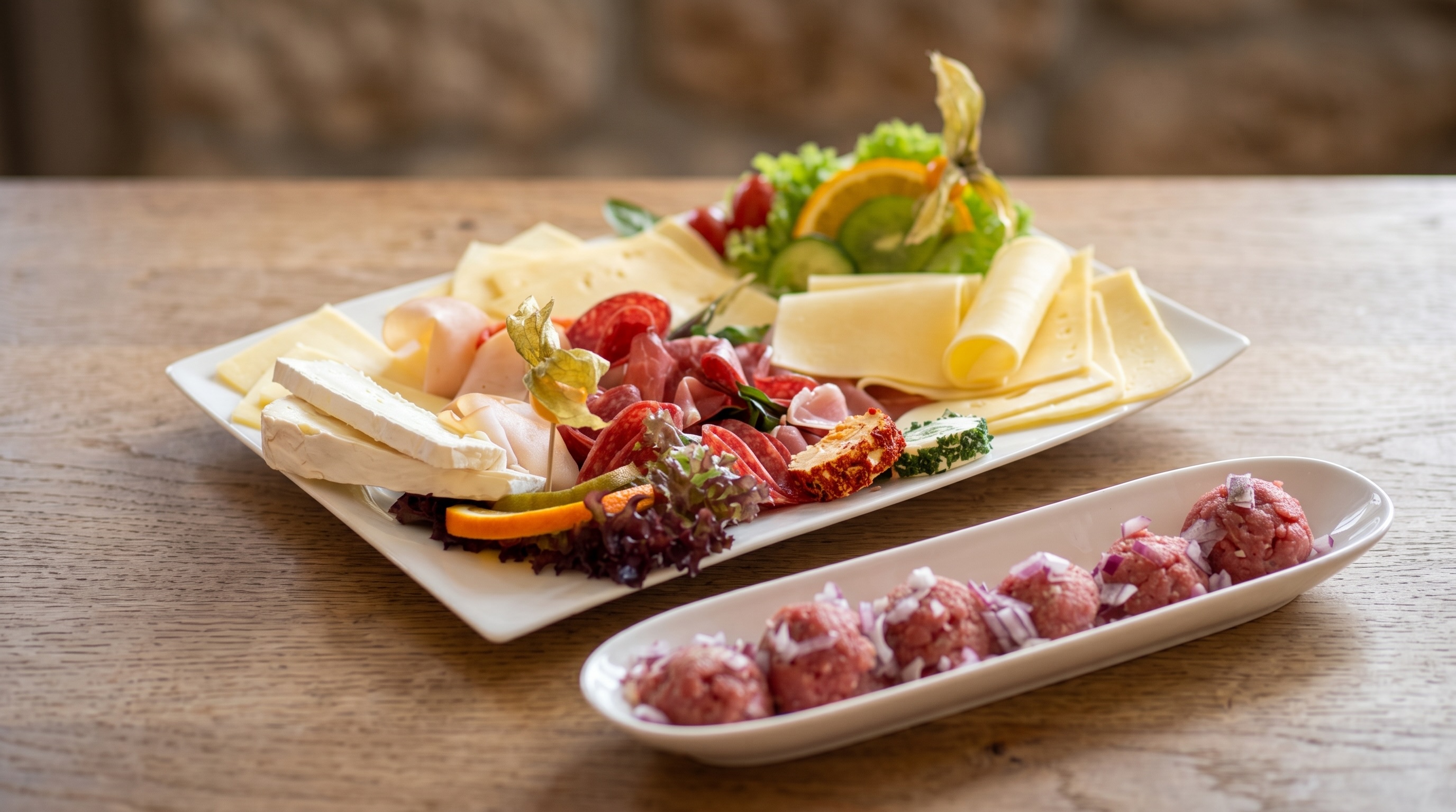 Große Frühstücksplatte mit Käse, Aufschnitt, Mett und frischem Gemüse auf einem Holztisch